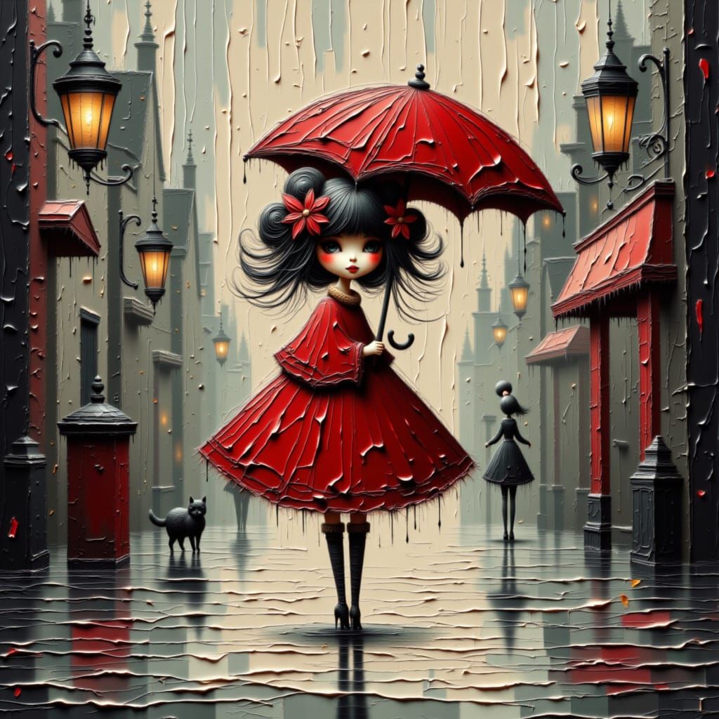 Whimsical Girl with Polka Dot Umbrella on Surreal Street
