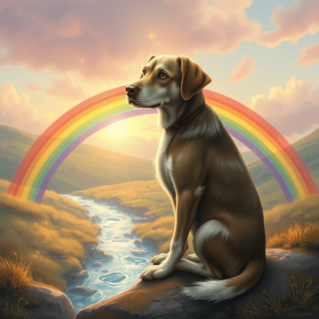 Dog on Rainbow Bridge in Whimsical Style