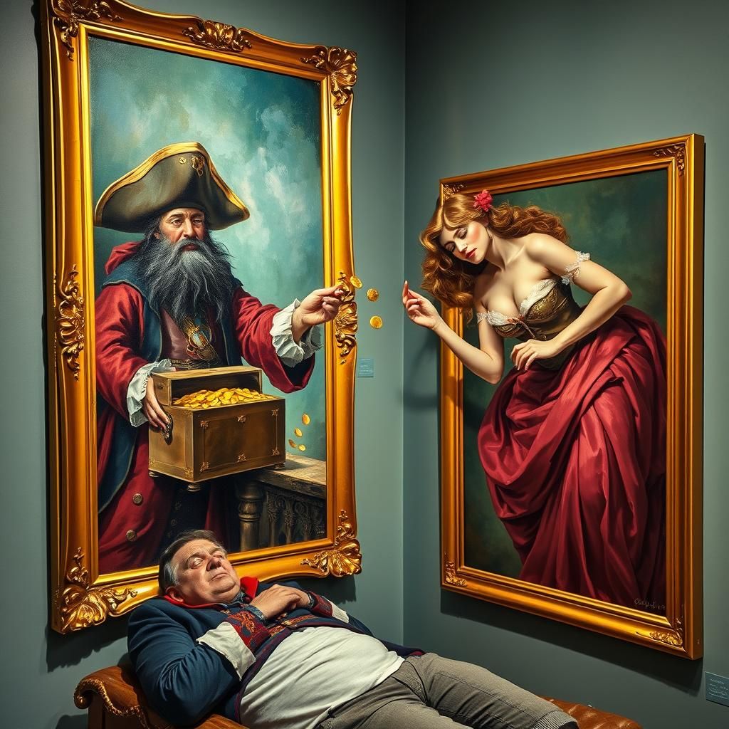 Pirate and Lady Stealing Treasure Between Paintings