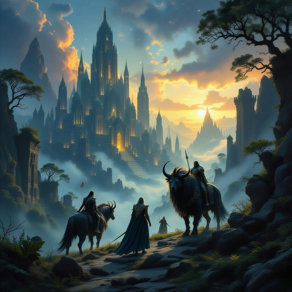 Epic Dark Fantasy Landscape with Mythical Creatures