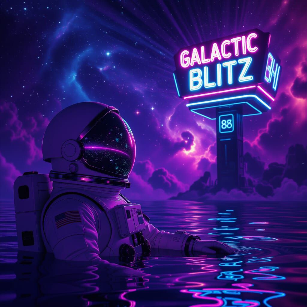 Astronaut Adrift Reflecting Neon Arcade Sign in Cosmic Void