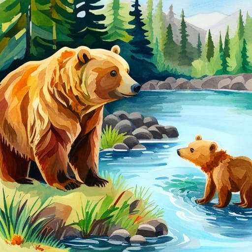 Mother and Cub Bears Fishing, Watercolor Gouache Style