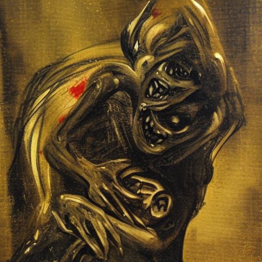 Grotesque Figure Consuming Child in Dark Expressionist Style