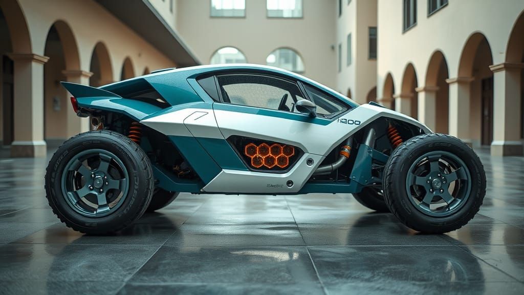 Cyberpunk Buggy in Futuristic Courtyard