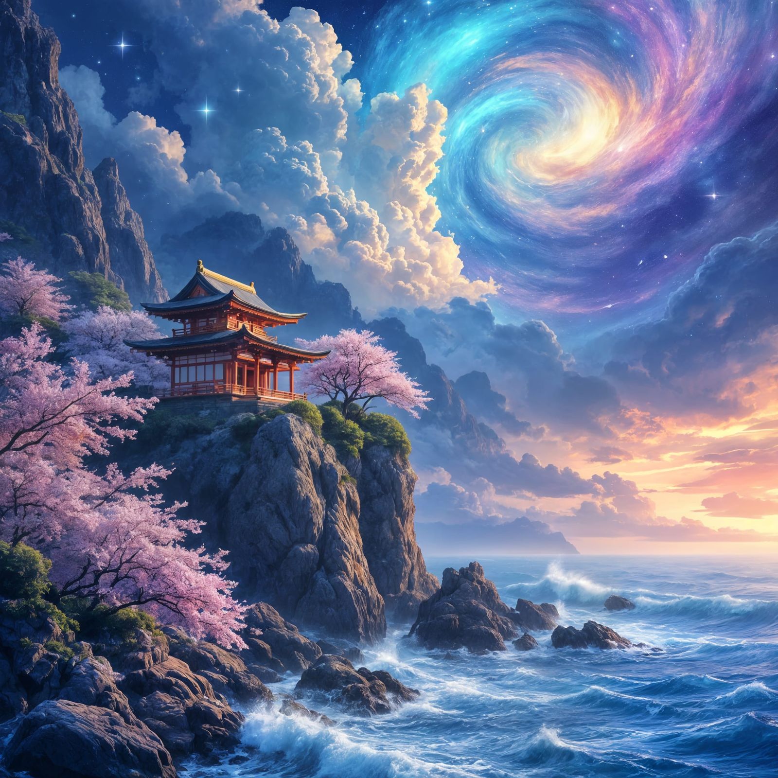 Cosmic Cliff-side Shrine in Vibrant Oil Painting