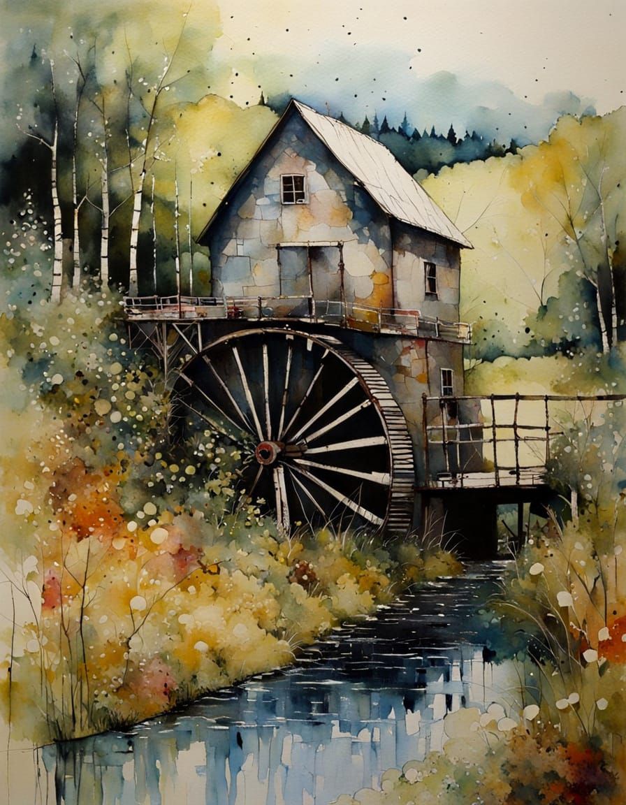 Waterwheel in Vibrant Summer Landscape