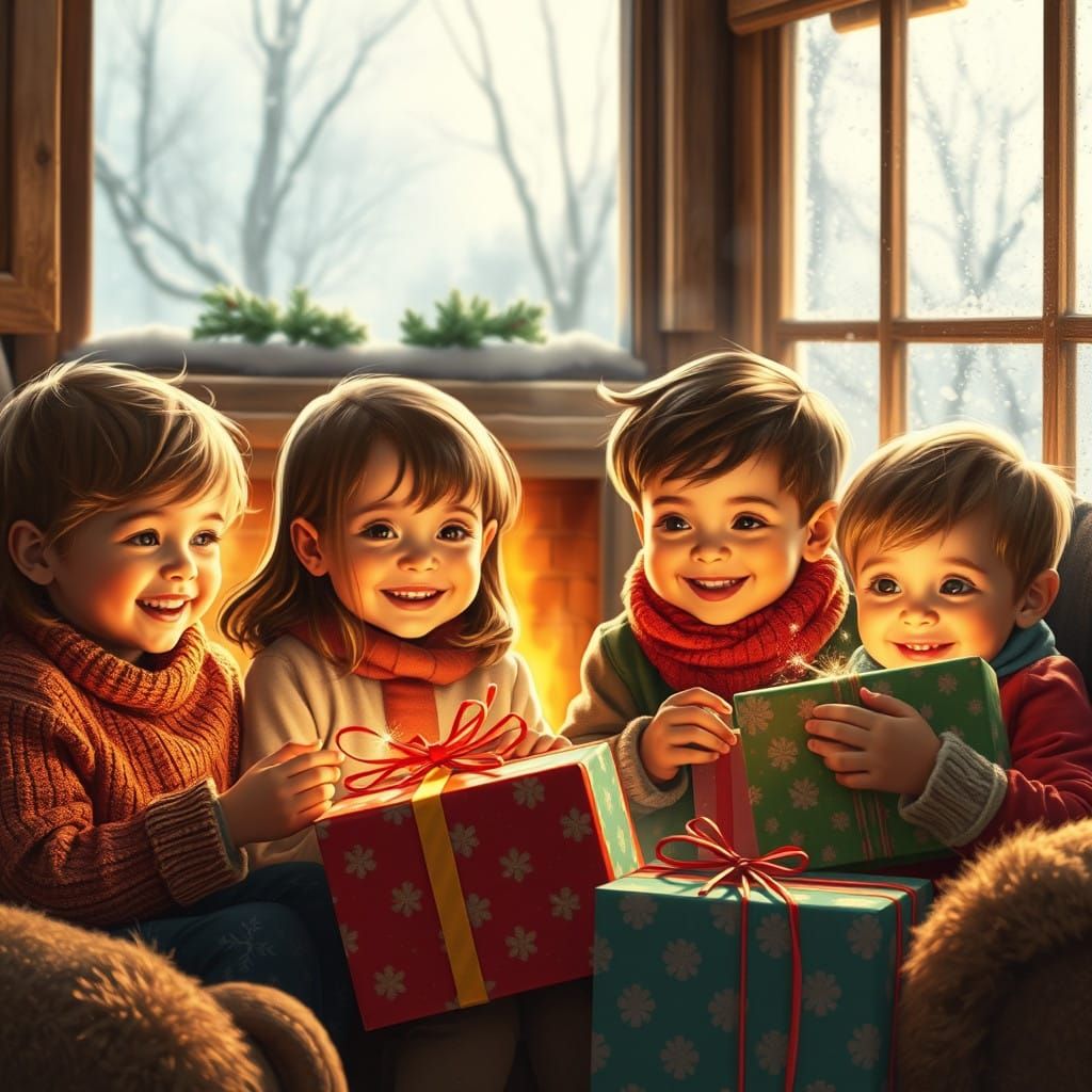 Children Unwrapping Christmas Gifts by Cozy Fireplace
