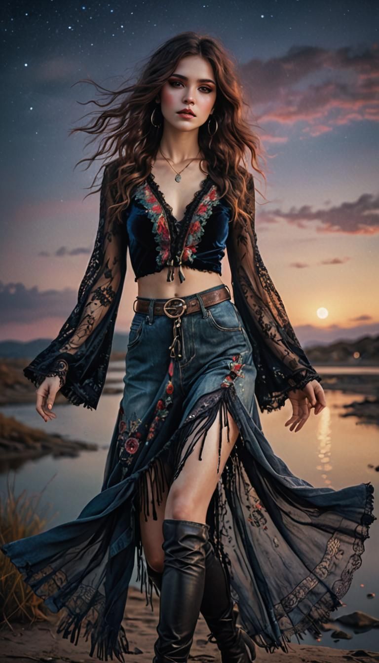 Bohemian Woman in Moonlight, Photo-Realistic Style