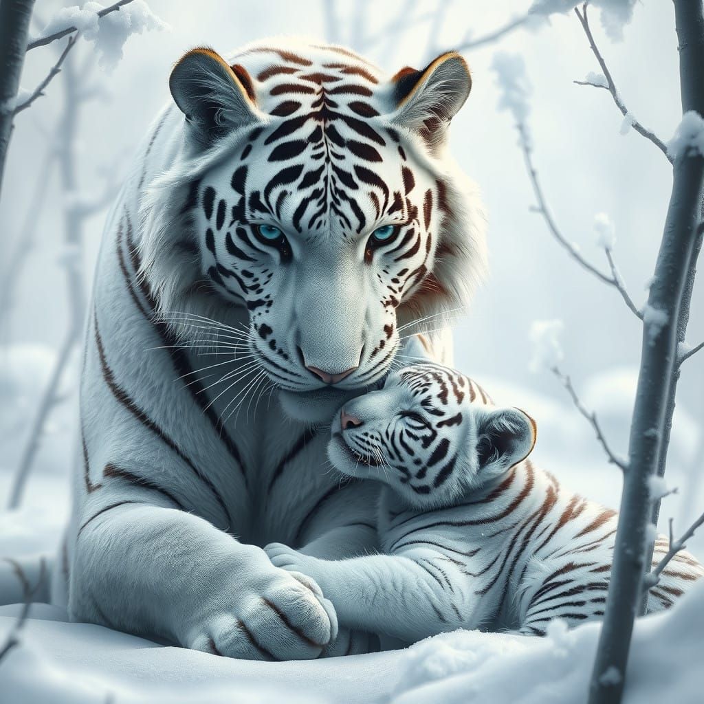 Mother Tiger's Gentle Moment in Icy Serenity