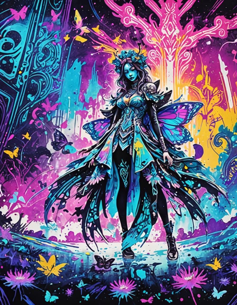 Psychedelic Ink Splatter Art of Woman with Butterfly Wings