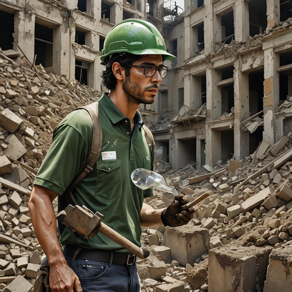 Italian Geologist Sampling Soils in Ruined Landscape