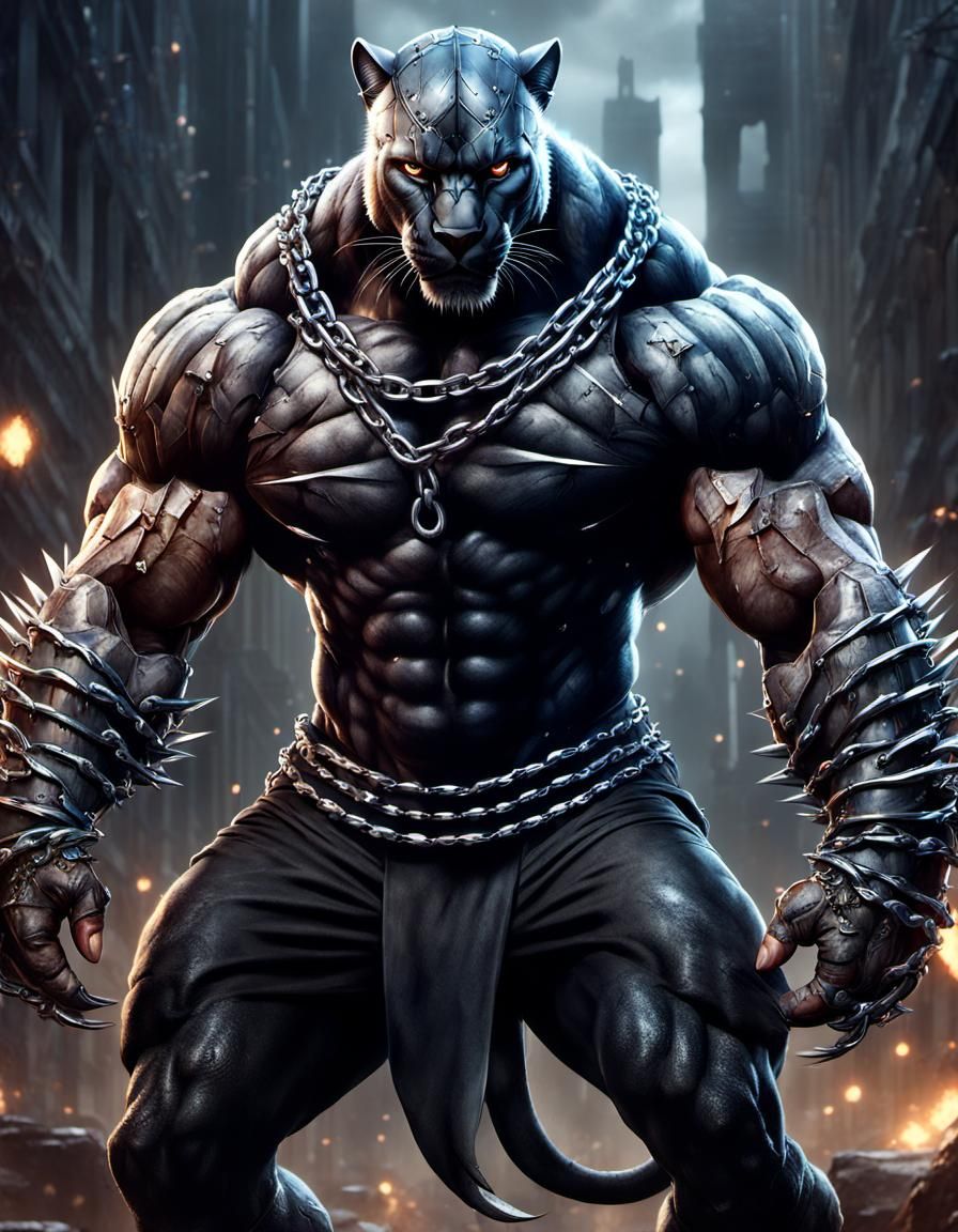 anthropomorphic panther man with massive muscular muscle ,8k resolution concept art with chains,spikes and huge claws