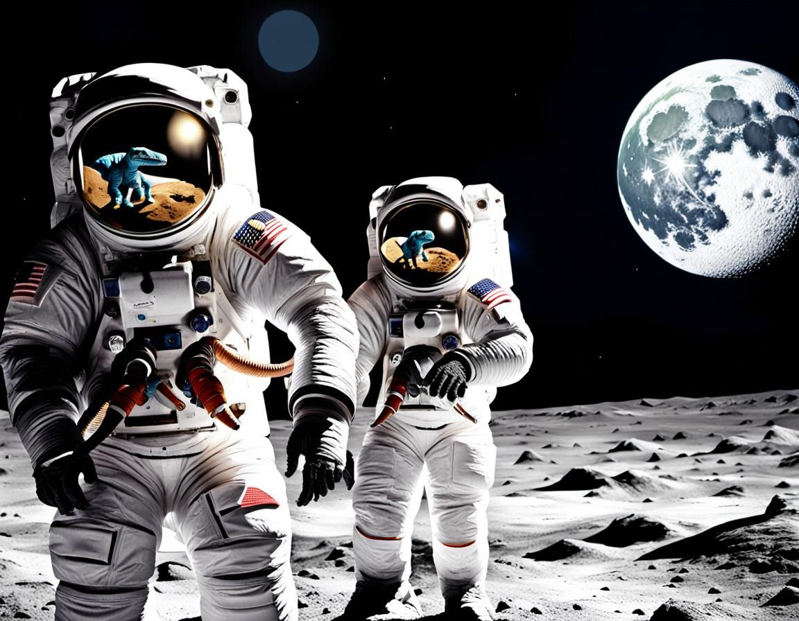 Astronauts Ride Dinosaur on the Moon