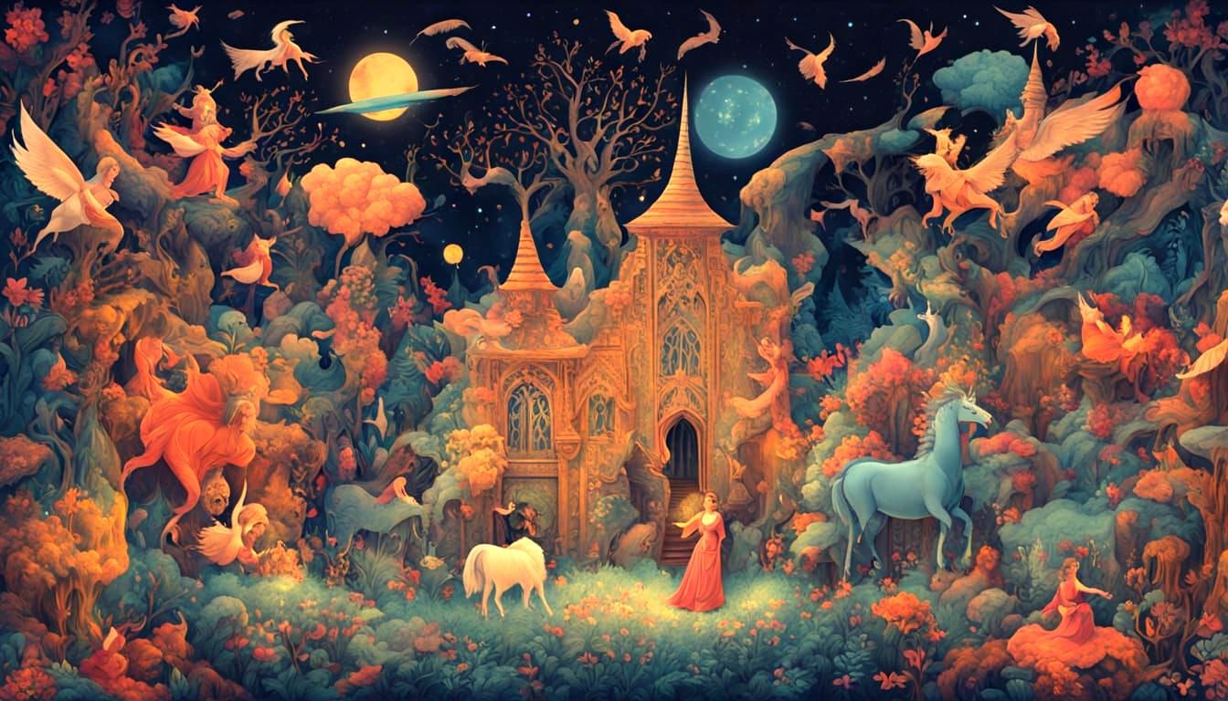 Vibrant Fantasy Mural: Magical Woman with Mythical Creatures