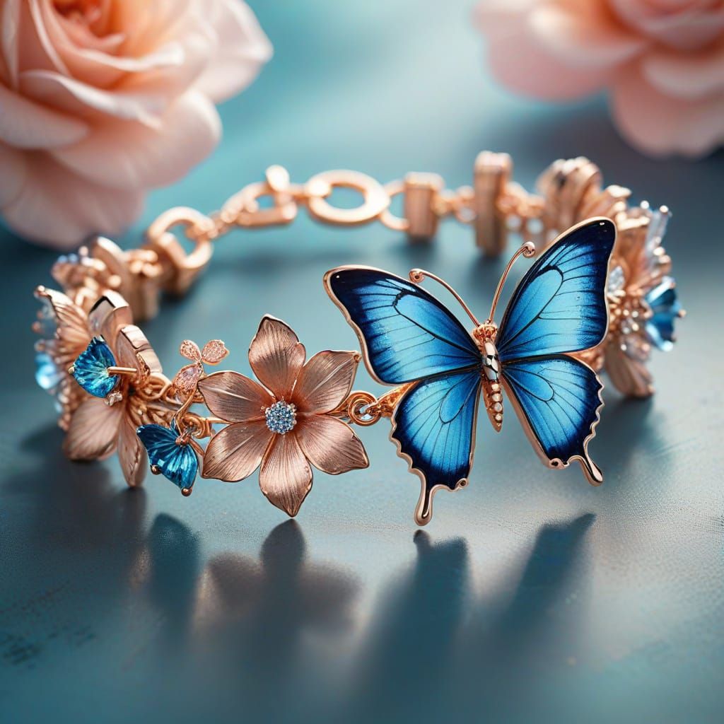 Rose Gold Bracelet with Butterfly and Flower Charms