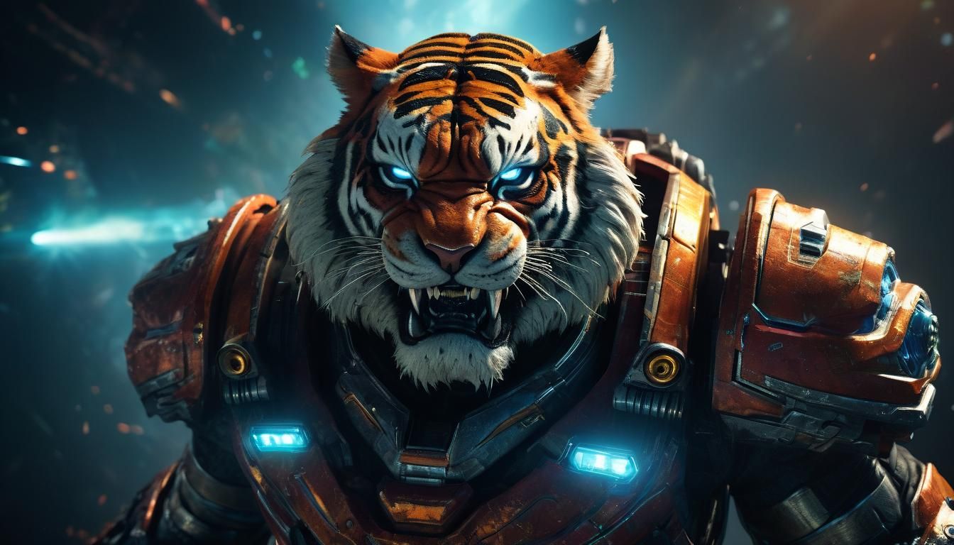 Epic Tiger Humanoid in Space Armor, Cinematic Film Still