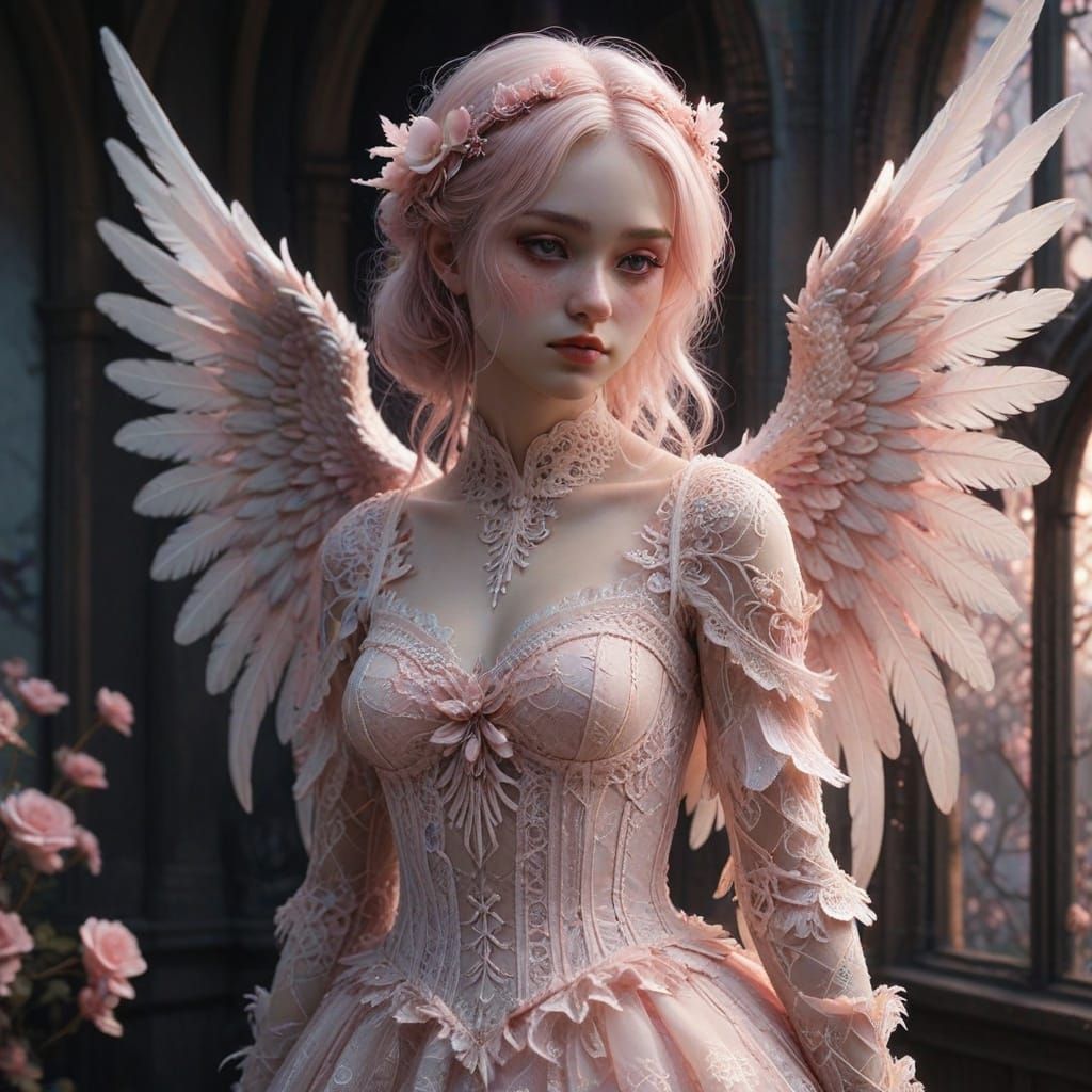 Fallen Angel with Pink Wings in Morbid Kawaii Style