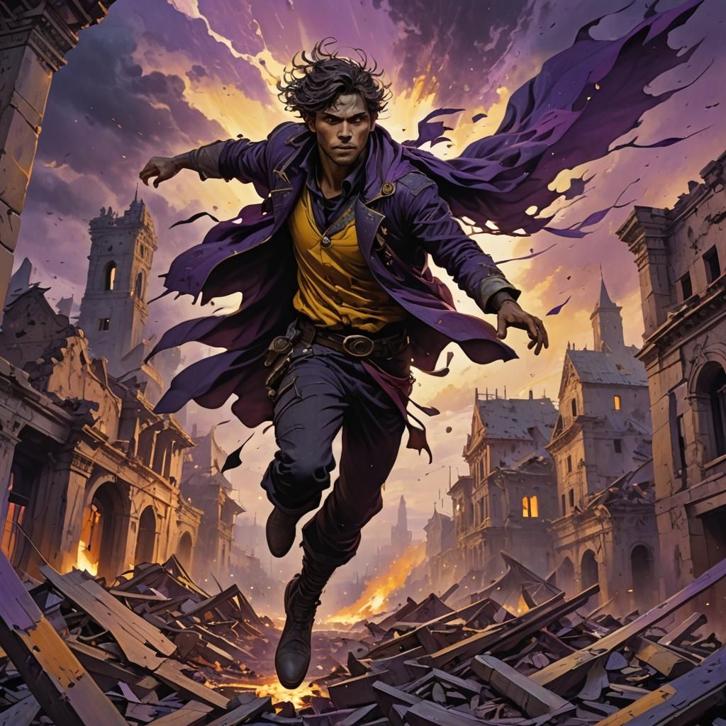 Dark Aura Man Flies Over Destroyed Town