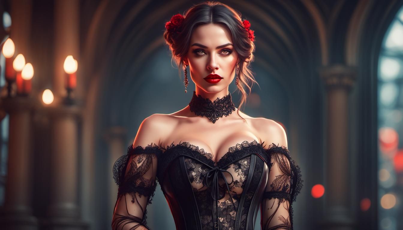 Sensual Brunette in Lace Corset: Hyperdetailed Portrait