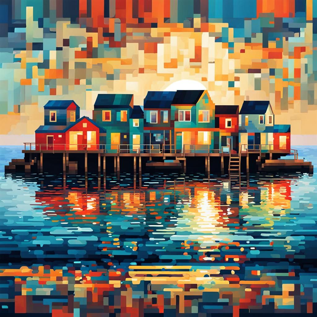 Pixel Art Seaside Stilt Houses in Cubist Style