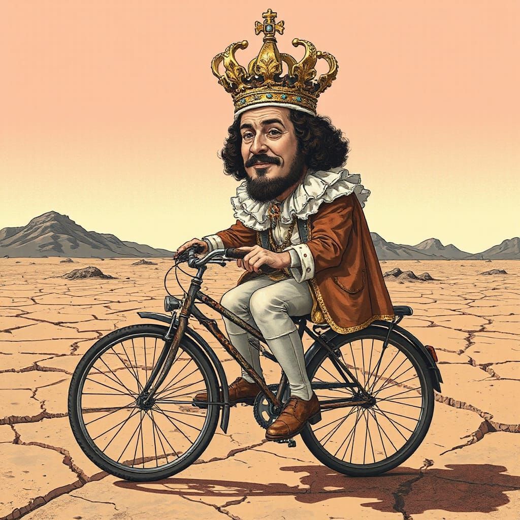 Surreal Satirical Portrait of Louis XIV on a Battered Bicycl...