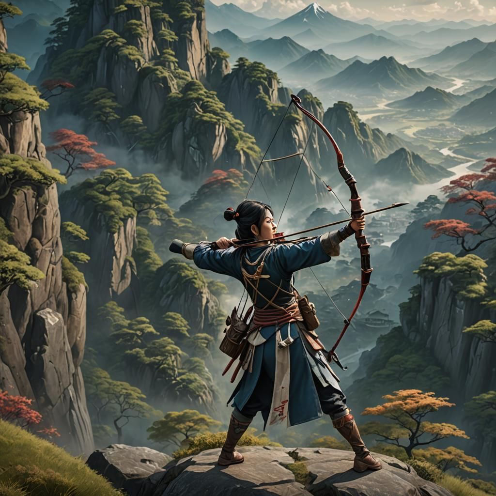 Feudal Japanese Archer on Hill, Detailed Matte Painting
