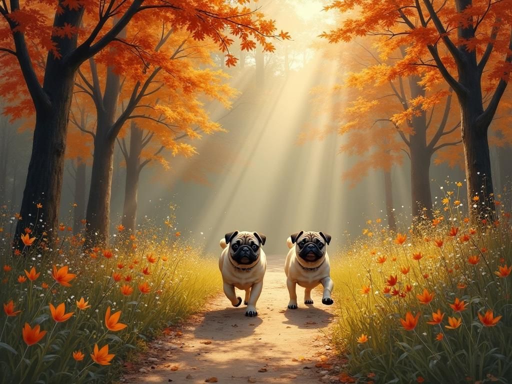 Autumn Pugs Play in Golden Light, Realistic Style