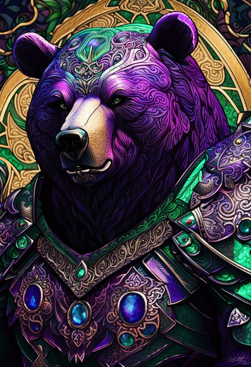 Fierce Bear Knight Portrait in Dichroic Armor