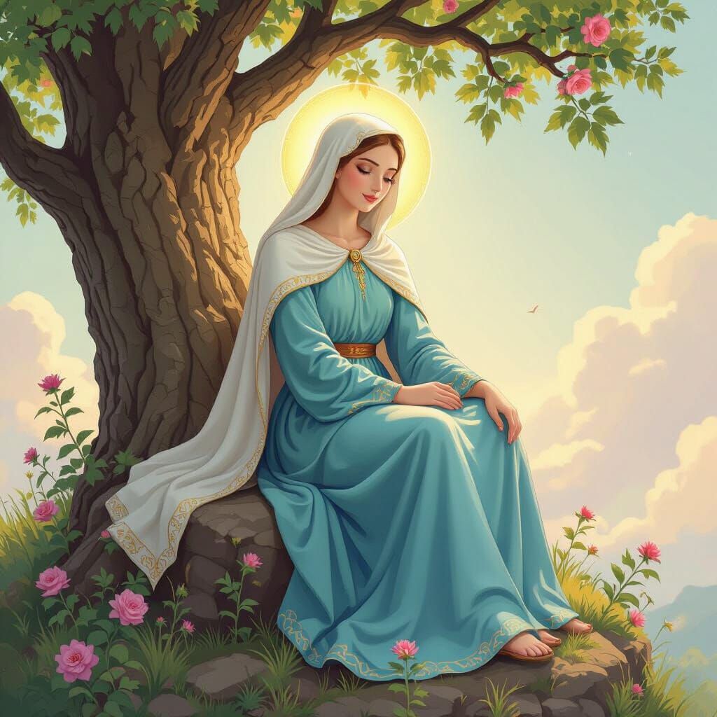 Virgin Mary in Disney Style on a Cloud