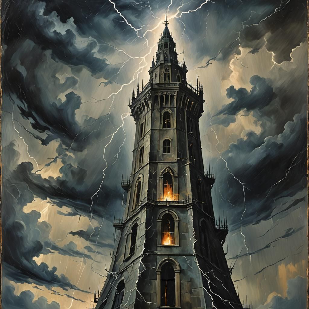 Ominous Tarot Card: Lightning Strikes Tower in Oil Painting