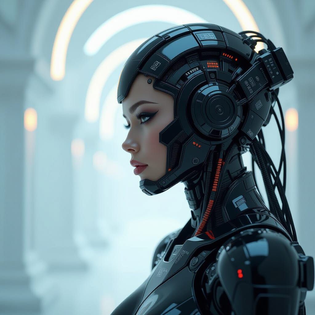 Female Cyborg with Intricate Headset in Futuristic Style