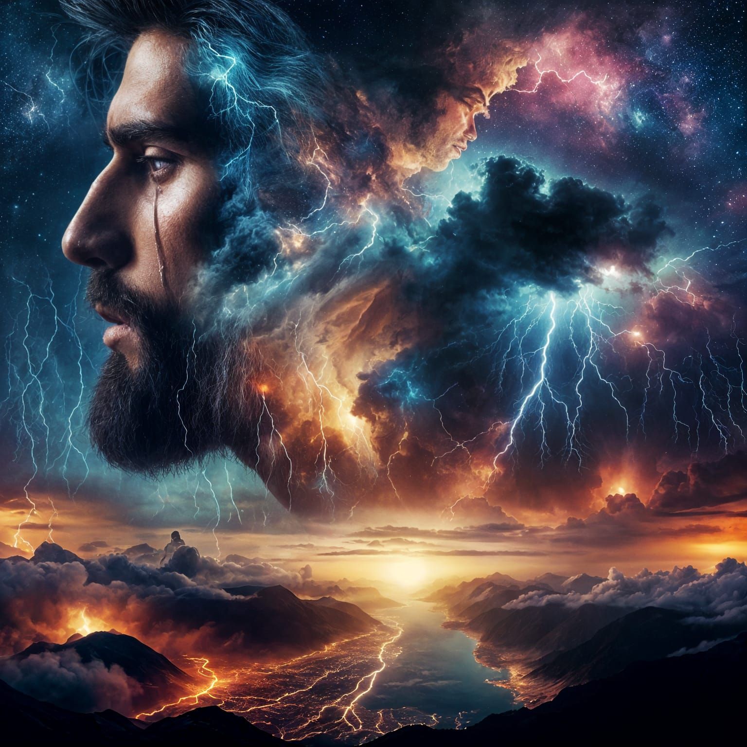 Ethereal Double Exposure: Middle Eastern Man Amidst Cosmic S...