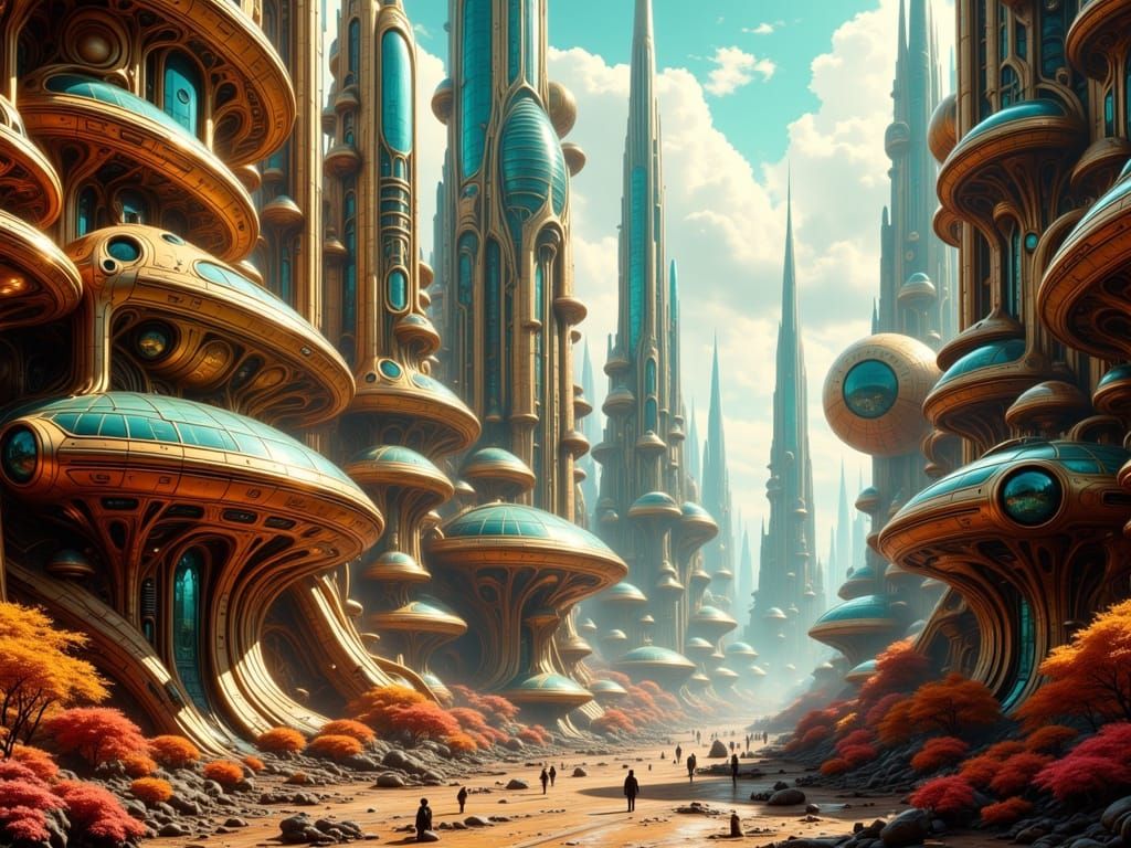 Futuristic Sci-Fi Cityscape on Rusty Alien Planet
