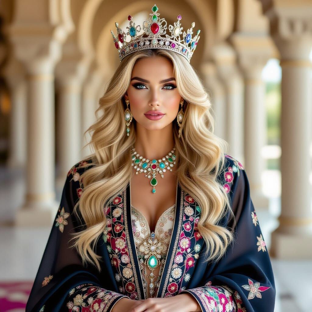 Majestic Blonde Royal in Opulent Jewel-Toned Abaya