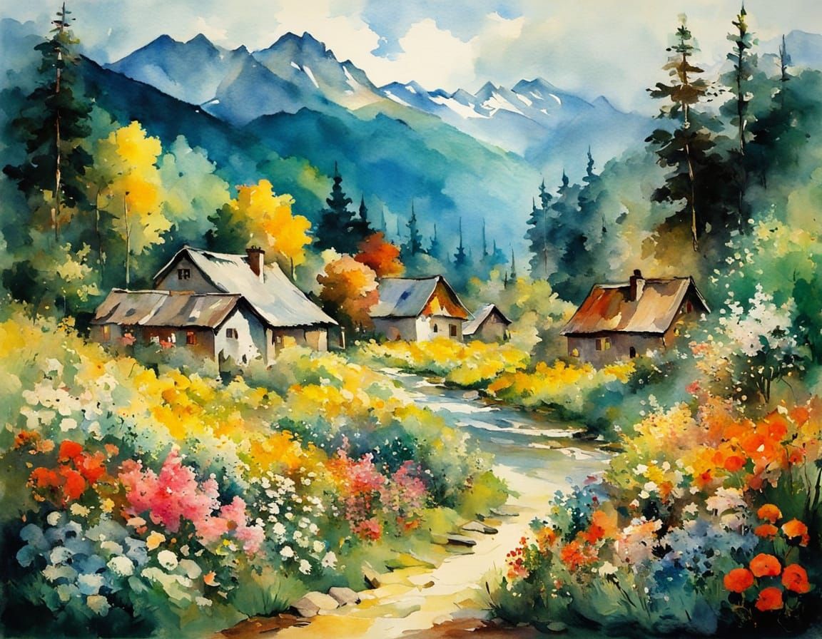 Floral Mountain Village Watercolor Inspired by Masters