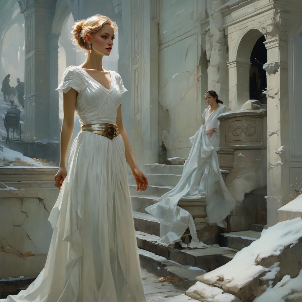 Ethereal Woman in White Gown: Oil Painting