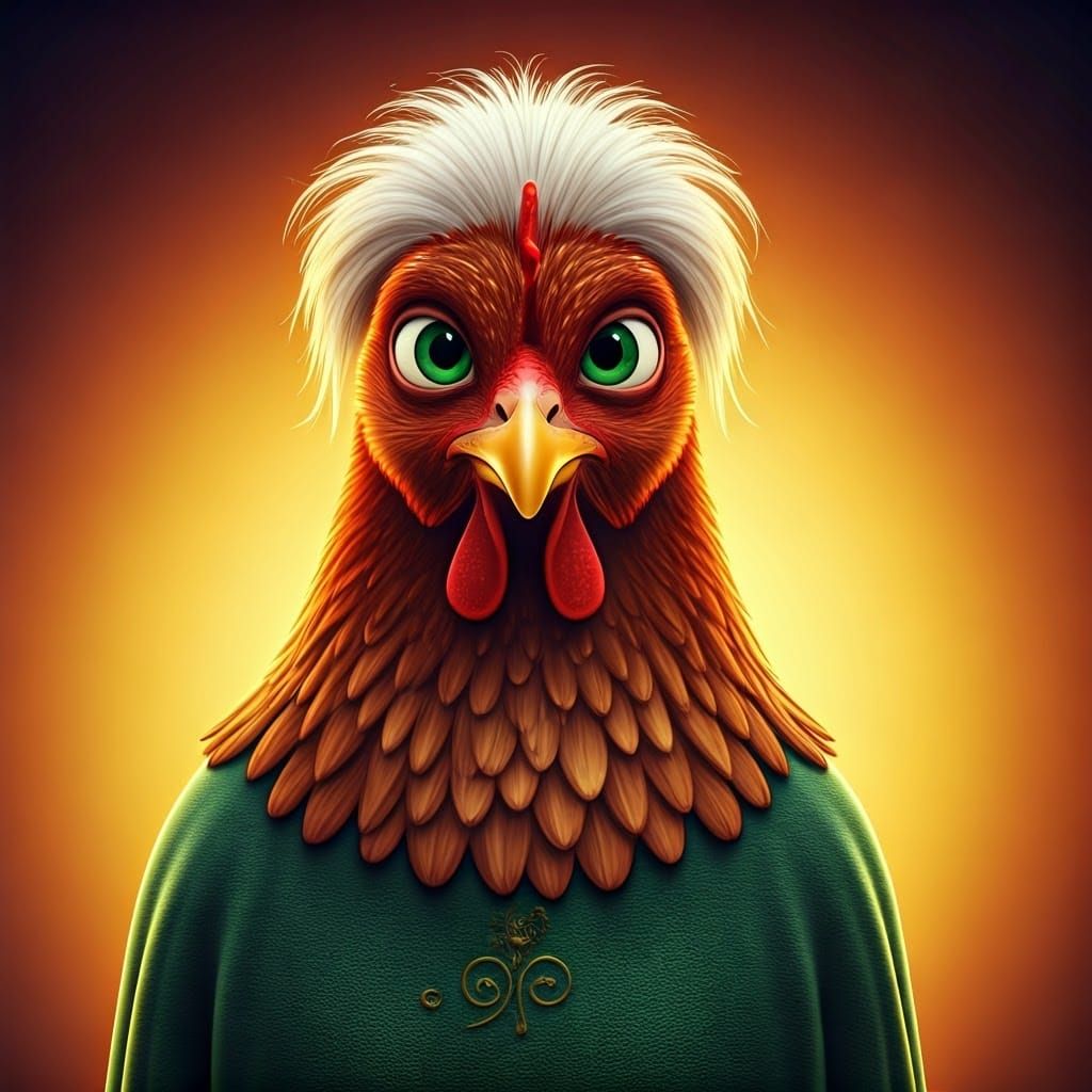 Gentle Hen in Green Dress: Pixar-Inspired 3D Render