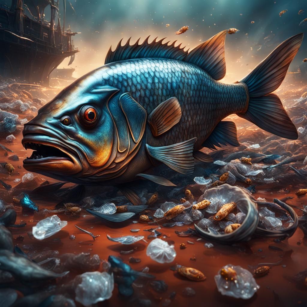 Dead Fish Body with Trash: Detailed Matte Painting