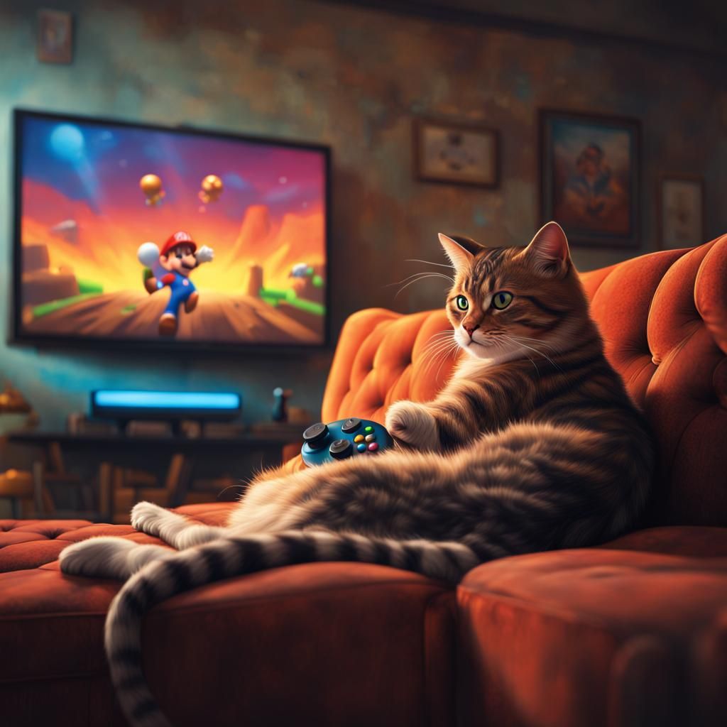 Cat Plays Mario Bros: Hyperrealistic Concept Art