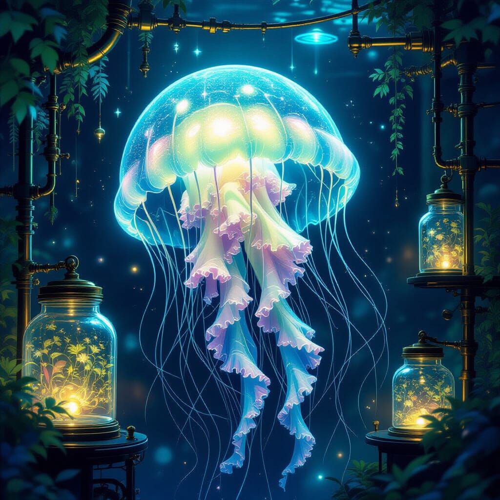Bioluminescent Jellyfish in Steampunk Lab, Surreal Art