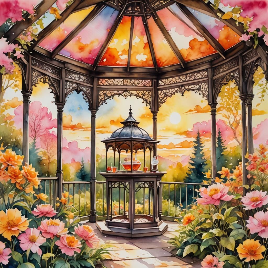 Watercolor Gazebo Teatime in a Sunlit Garden