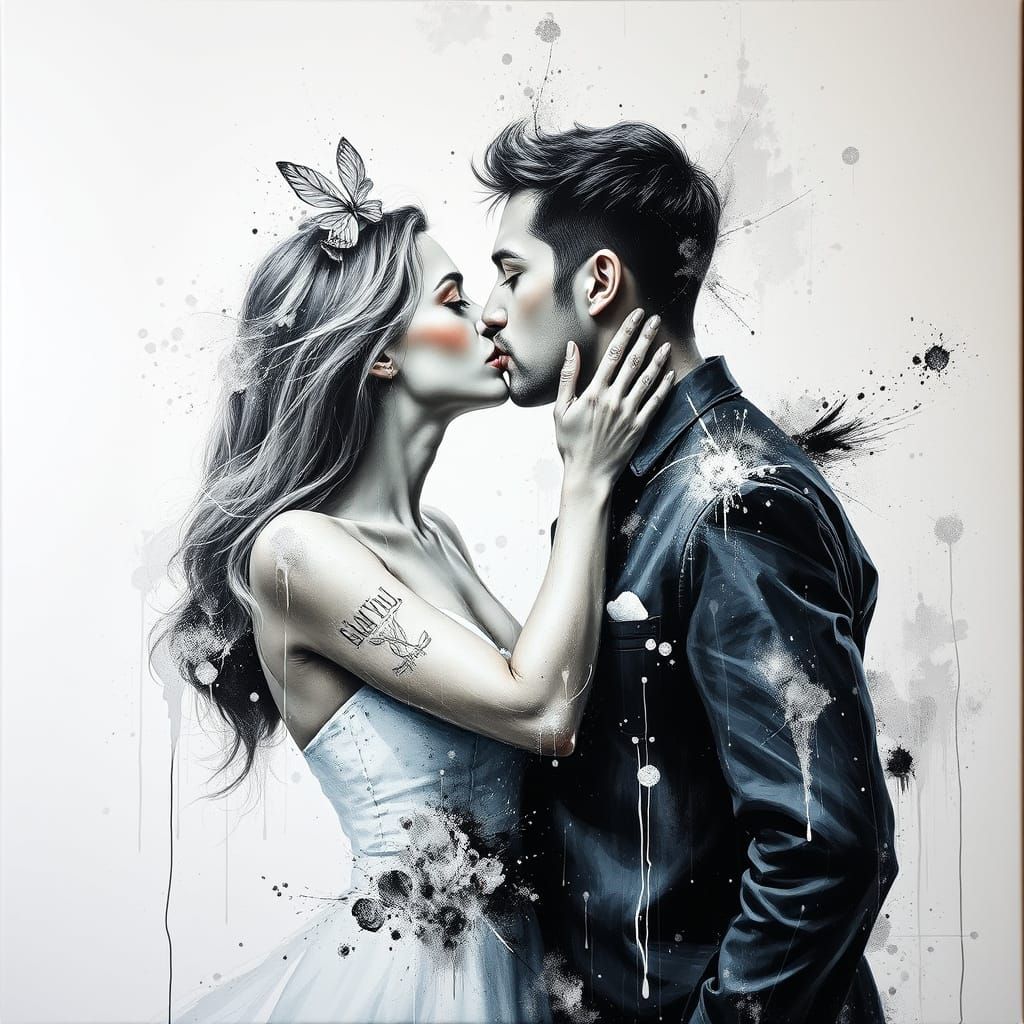 Hauntingly Beautiful Painting of a Kissing Couple
