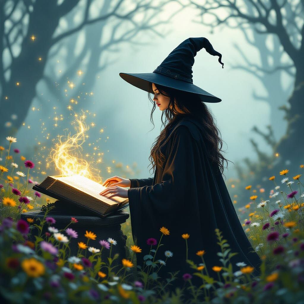 Ethereal Fantasy Witch in Misty Forest, Backlit