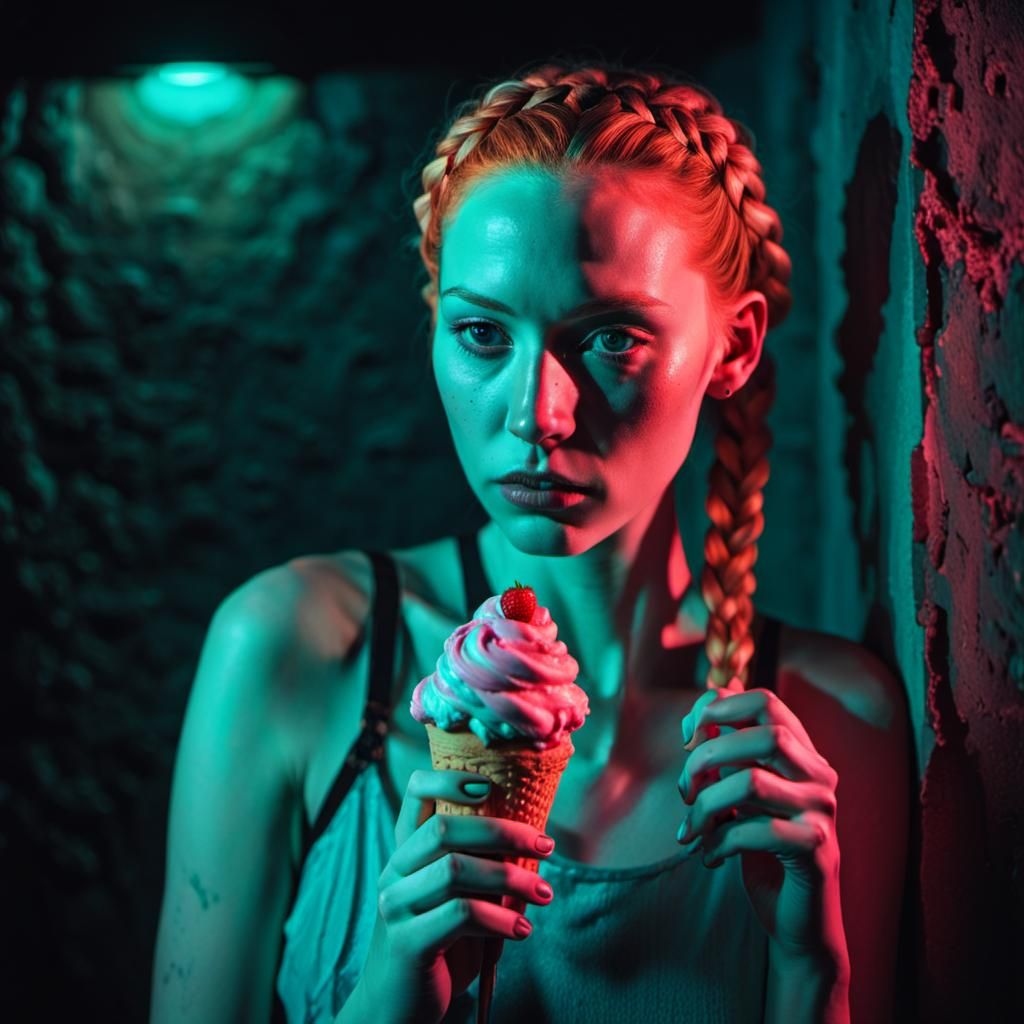 Ginger Braid Woman with Strawberry Ice Cream