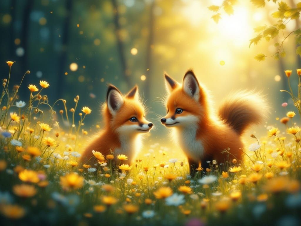 Adorable Foxes Play in Golden Hour Meadow