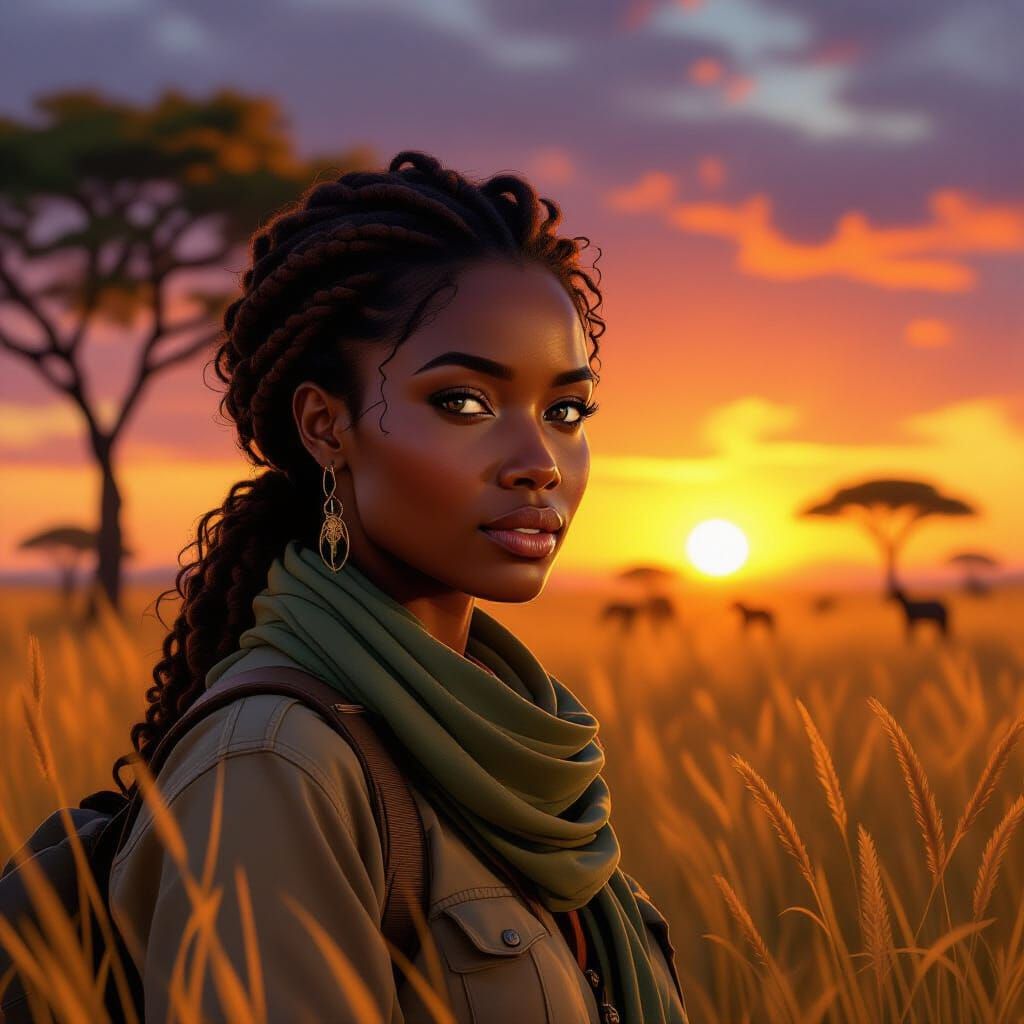 African Woman on Safari at Sunset, Concept Art Portrait