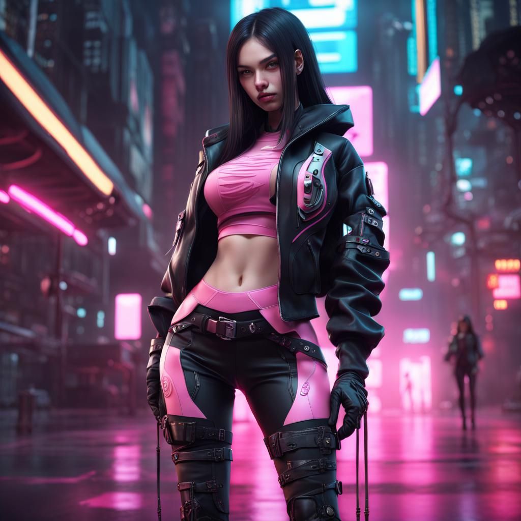 Cyberpunk Girl in Pink and Black Outfit