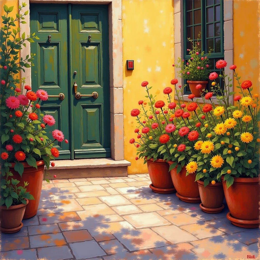 Vibrant Flowers on Spanish Patio, Impressionistic Style
