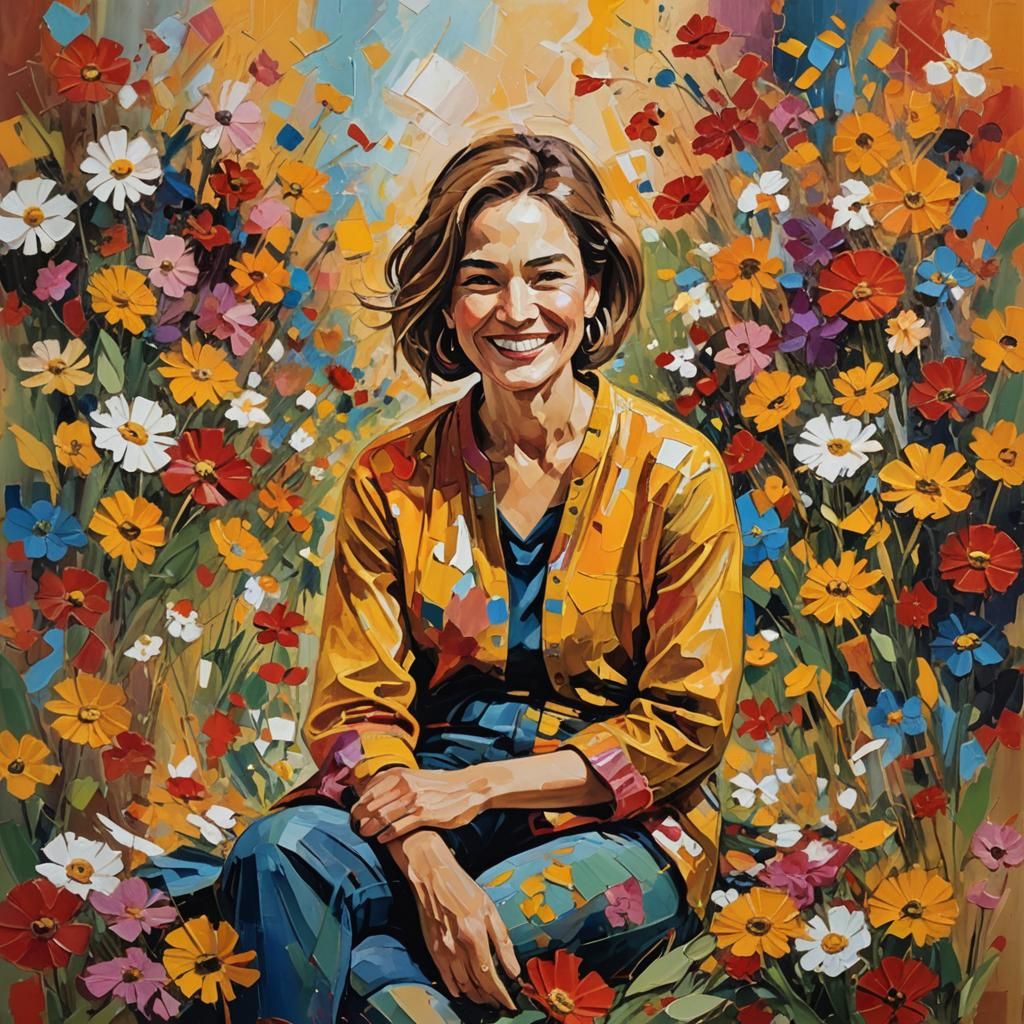 Expressionist Woman Surrounded by Flowers and Paintings