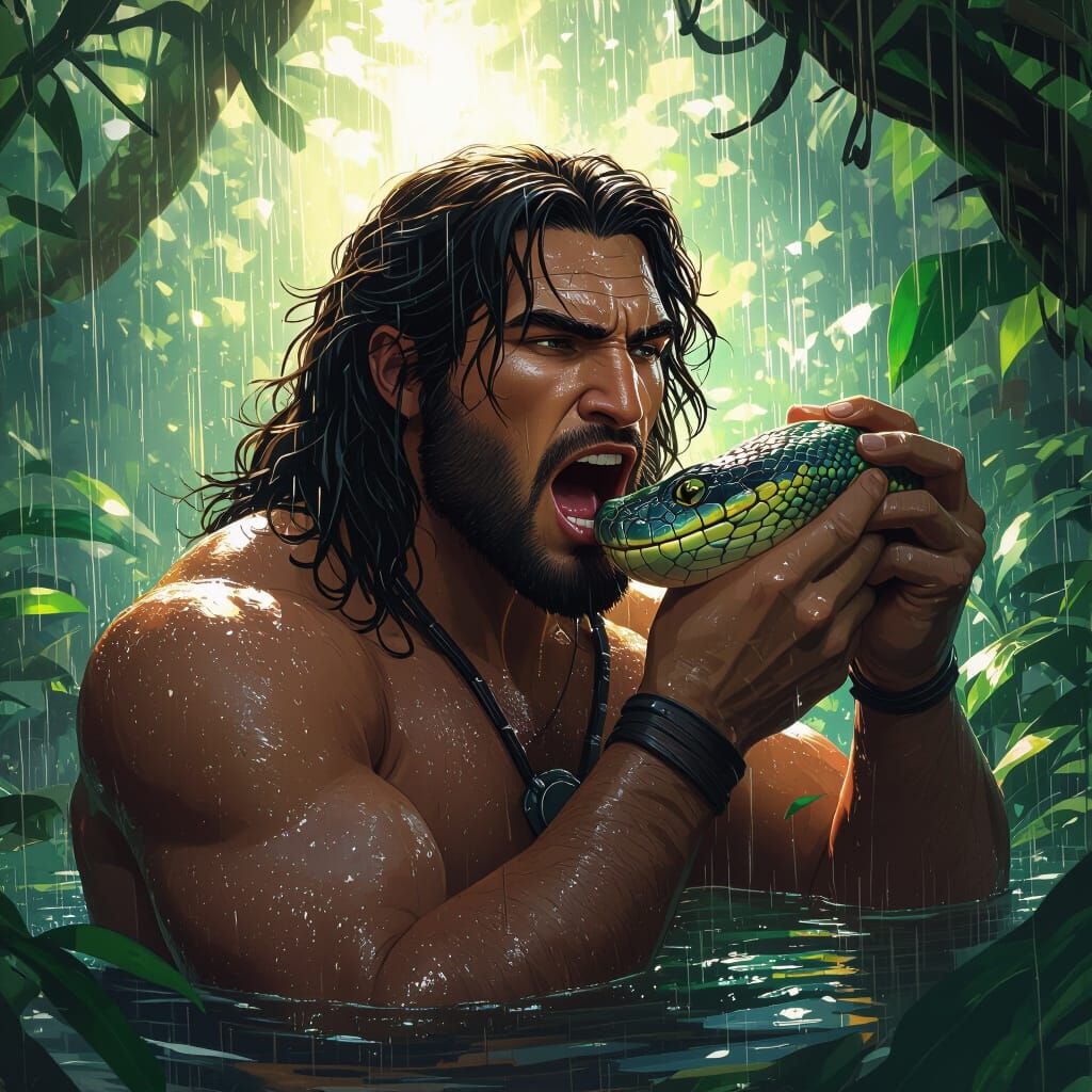 Tarzan Confronts Anaconda in Sunlit Rainforest